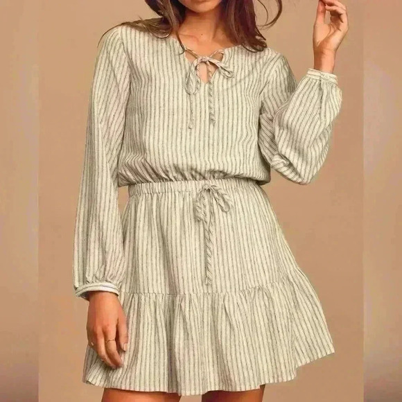 Lulus Dresses & Skirts - Lulus A Walk In the Park Beige Striped Long Sleeve Skater Dress Size Large